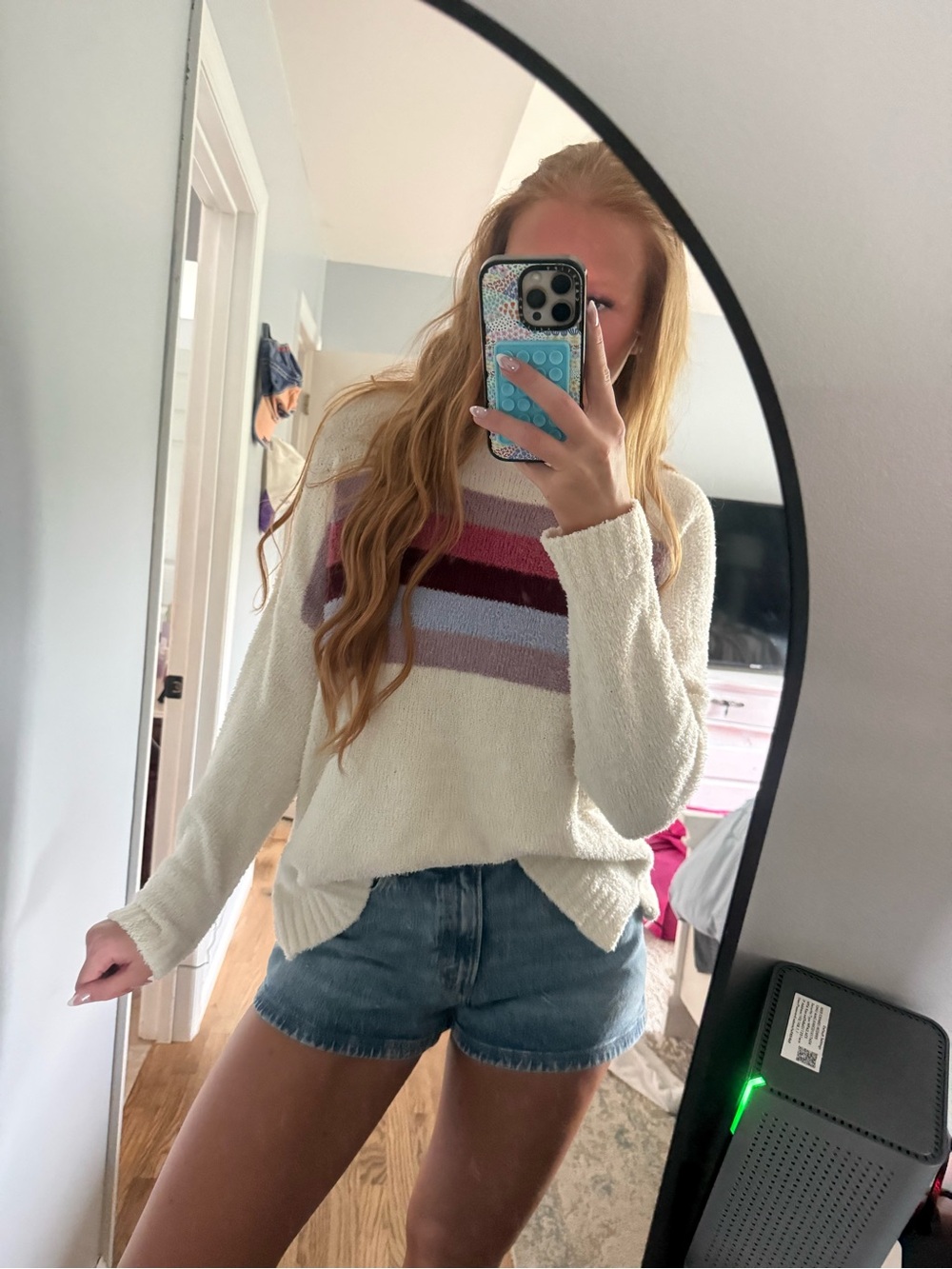 Maurices Cream Crewneck Sweater with Pink and Lavender Stripes